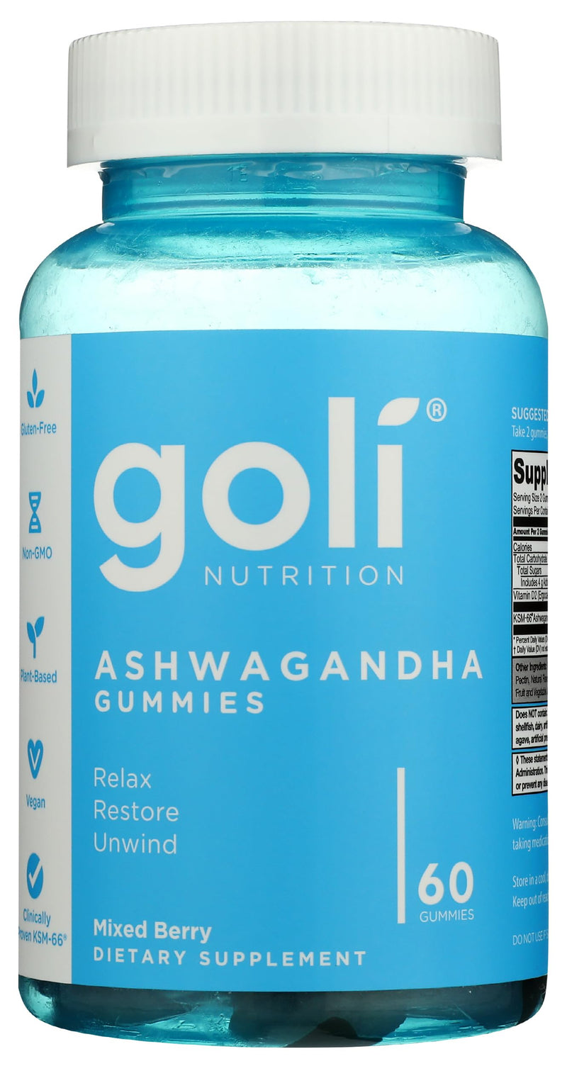 Goli Ashwagandha KSM-66 Gummies | Stress, Sleep & Mood Support | Mixed Berry | Vitamin D, Vegan, Plant Based, Non-GMO, Gluten Free, Gelatin Free | Relax. Restore. Unwind. | 60 Gummies