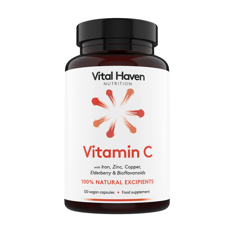 Vitamin C Supplement: Non-Acid VIT C + Iron/Zinc/Copper/Calcium with Citrus Bioflavanoids & Elderberry - UK Made