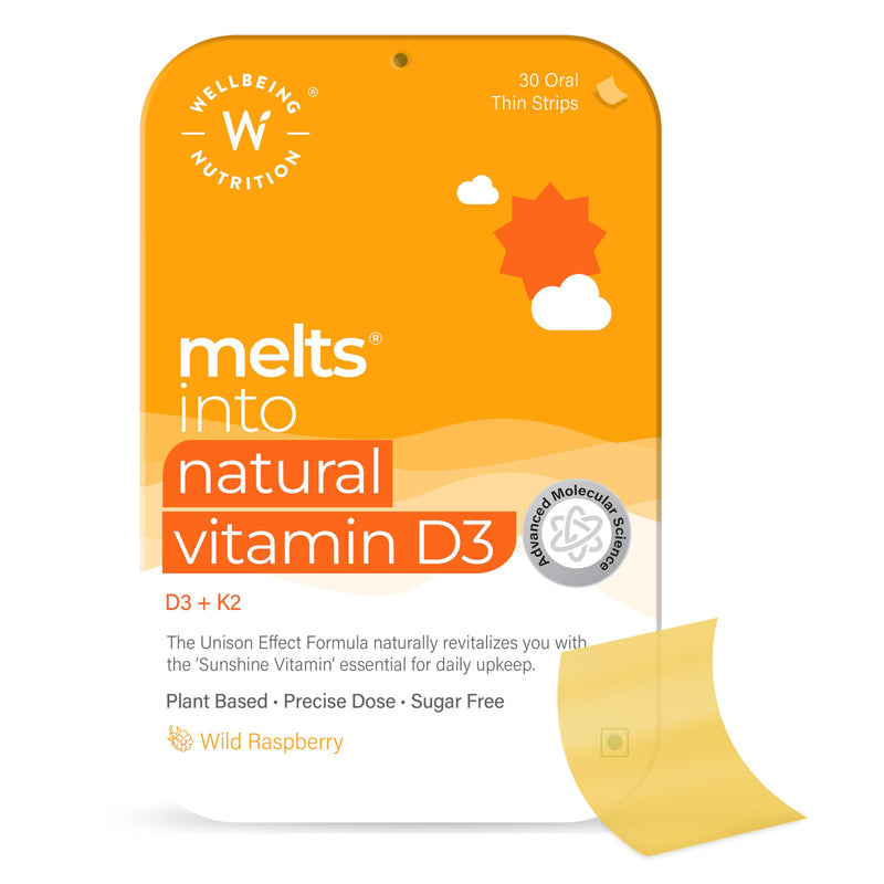 Wellbeing Nutrition Melts Natural Vitamin D3 + K2 Supplement for Immunity, Heart, Muscle, Bone, Cellular Protection | Vitashine, Resveterol & MenaquinGold | 30 Oral Strips 30 count (Pack of 1)