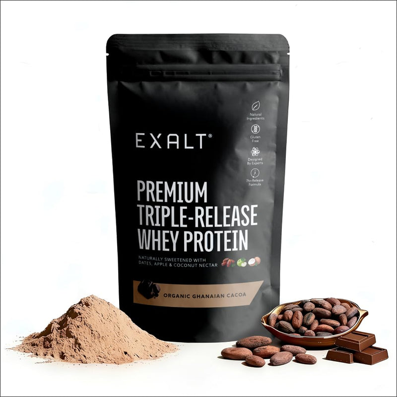 EXALT Nutrition - Whey Protein Powder - Ghanaian Cacao - 500g - Premium Grass Fed Whey - Micellar Casein & Free Range Egg White - 7hr Triple-Release Blend - Naturally Sweetened with Dates 500 g (Pack of 1)