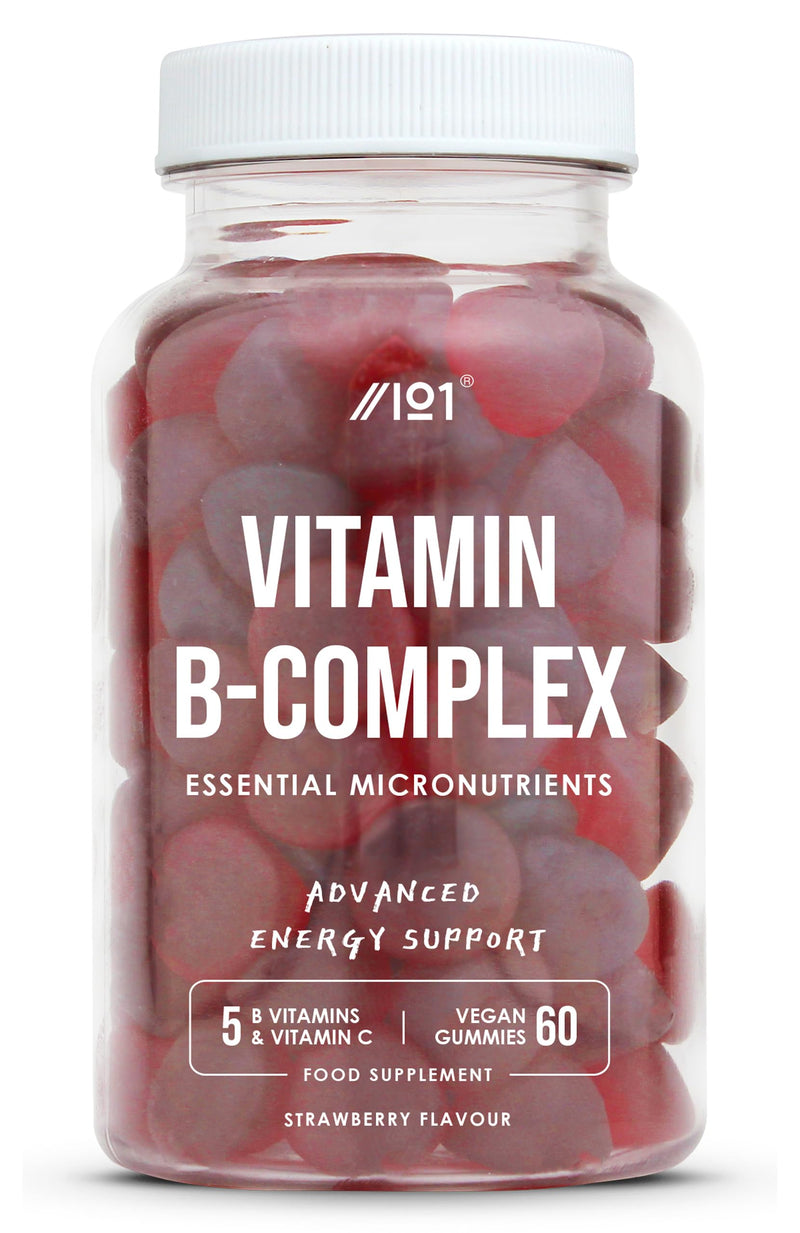 Vitamin B Complex Gummies - 5 Essential B Vitamins & Vitamin C - 60 Vegan Gummies - Strawberry Flavour - By Alpha01