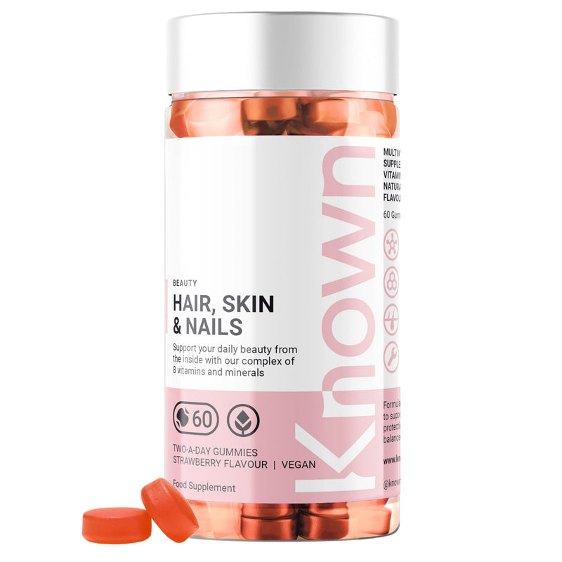 Hair, Skin & Nails Vitamin Gummies by Known | 60 Two-a-Day Vitamin Gummies (One Monthís Supply) | Natural Botanical Extract | for Healthy Hair, Skin & Nails | Strawberry Flavoured Gummies (Pack of 1) 60 Count (1 Month Supply)