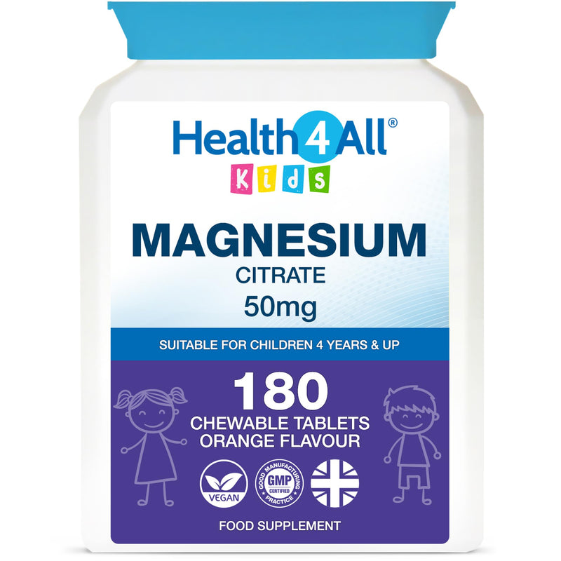 Health4All Kids Magnesium 180 Chewable Tablets for Anxiety, Sleep, Ticks. Tasty Orange Chewable Magnesium Supplement for Children 4+, Vegan, Sugar-Free | Made in UK | Alternative to Glycinate Gummies 180 count (Pack of 1)