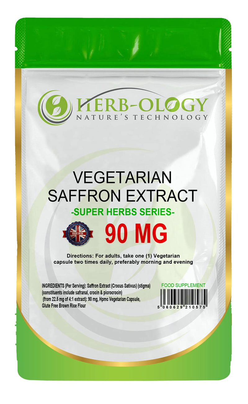 Herb-Ology Saffron Supplement | 60 Saffron Capsules (from 4:1 Extract) - 90mg Per Serving | High Strength | Non-GMO, Gluten, Dairy & Allergen Free | Manufactured in the UK 60 count (Pack of 1)