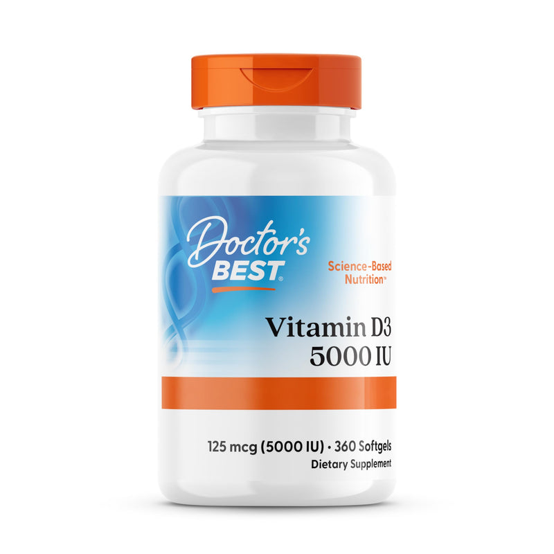 Doctor's Best, Vitamin D3, 5,000 IU, High Dosage, Depot Weekly Dose, 360 Soft Capsules, Laboratory Tested, Soy Free, Gluten Free, GMO Free 360 capsules