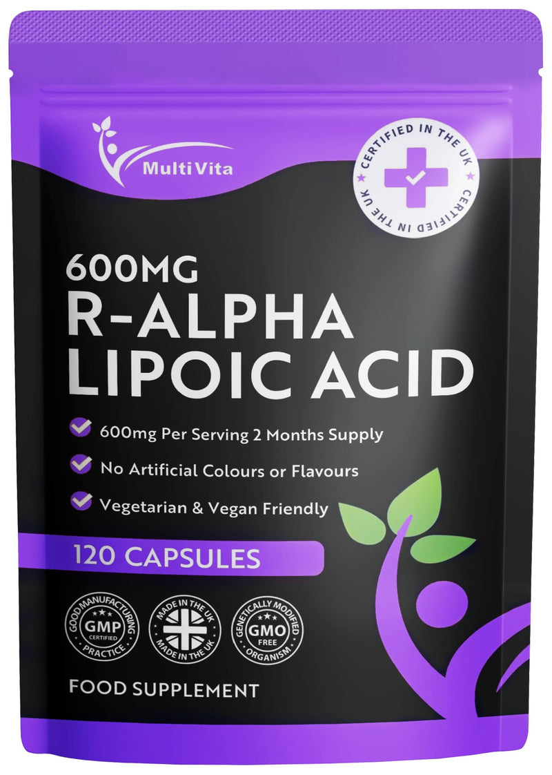 R-Alpha Lipoic Acid R-ALA 600mg Per Serving 120 Capsules High Strength Antioxidant Supplement, Contains Only the R Form, Non-GMO, UK Manufactured to GMP Standards