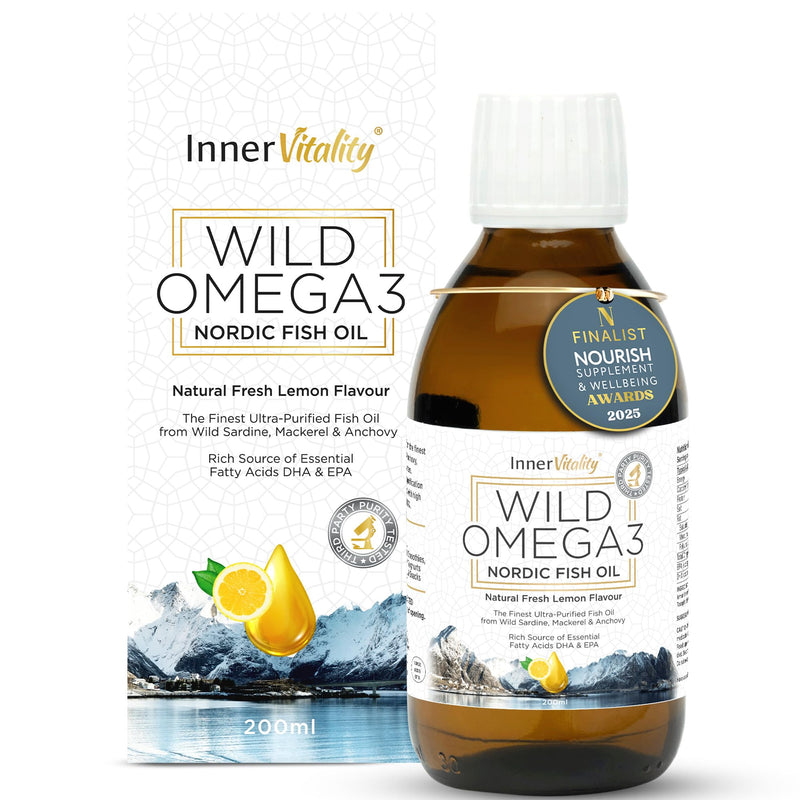 Omega 3 Fish Oil Liquid - Natural Fresh Lemon Flavour with NO Fishy Taste, High Strength DHA/EPA - 200ml Made from Wild Caught Nordic Fish Oil | 3rd Party Tested for Purity - Inner Vitality 200 ml (Pack of 1)