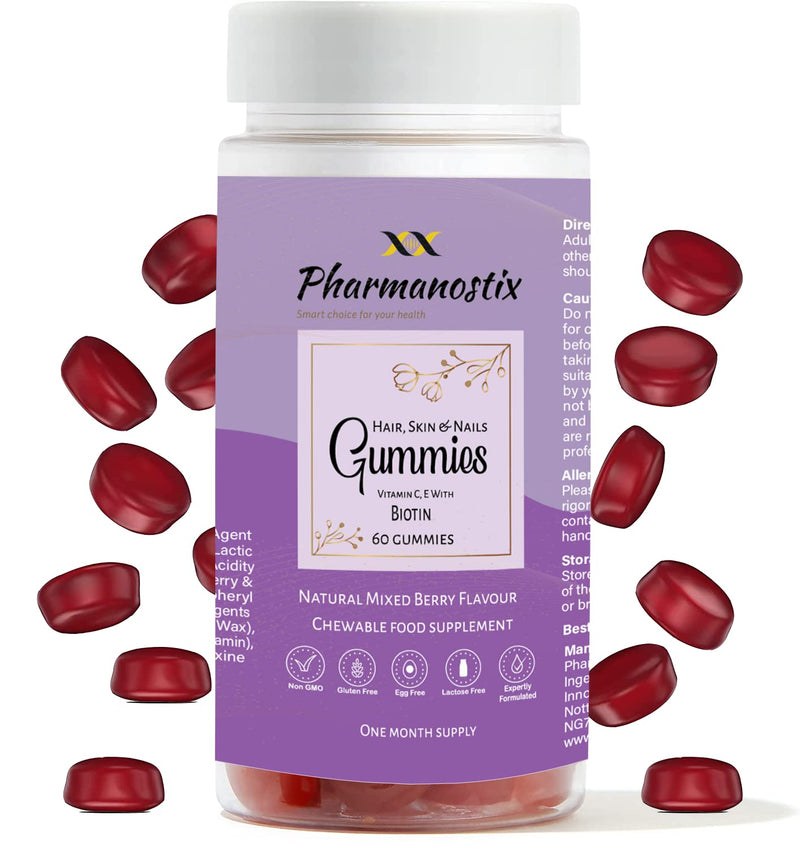 Hair, Skin & Nail Beauty Gummies - Biotin, Zinc, Vitamin D3, Selenium, Vitamin C - Vegetarian Berry Chewable Gummies - Gluten, Dairy, Soy & GMO Free (60 gummies) 60 count (Pack of 1)