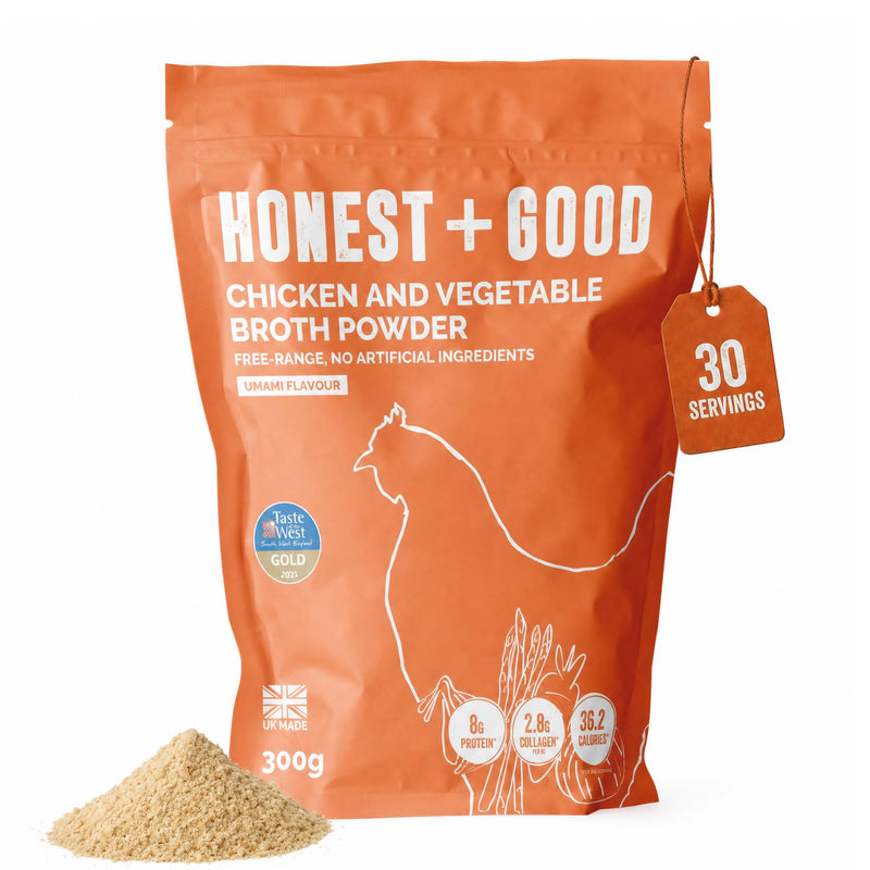 Honest + Good Chicken & Vegetable Bone Broth Powder - 300 g | 1 Month Supply | UK Made Gold Award Winner | Made With Free Range Chicken | Type II Collagen & Protein Promote Hair Skin Nail & Gut Health