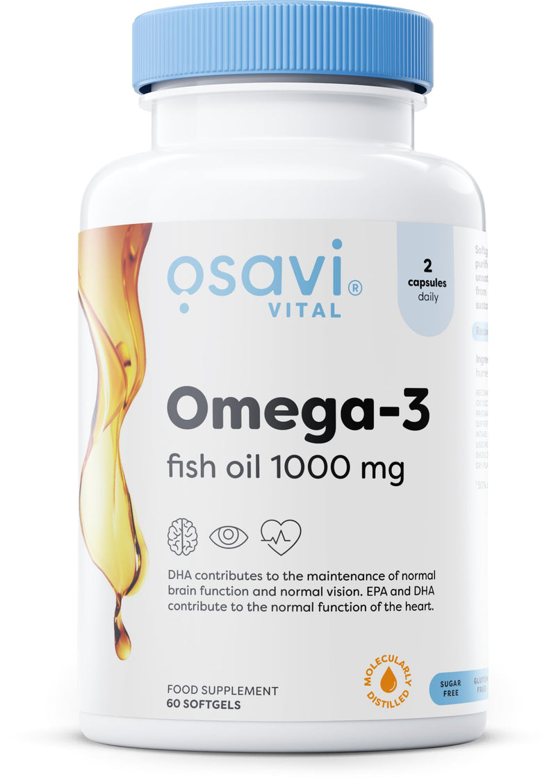 Osavi Omega–3 Fish Oil Molecularly Distilled 1000 mg – 60 Softgels | Lemon Flavor | EPA & DHA for Heart Health, Brain Function, and Vision I Molecular Distillation for Maximum Purity