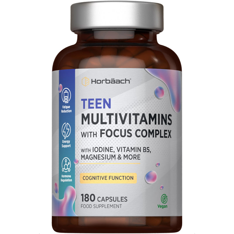 Multivitamin Tablets for Teenagers with Focus Complex | 180 Capsules | High Strength Complex with Vitamin B6, B5, Magnesium, Iron and Zinc | Vegan Supplement for Teens 13+ | By Horbaach