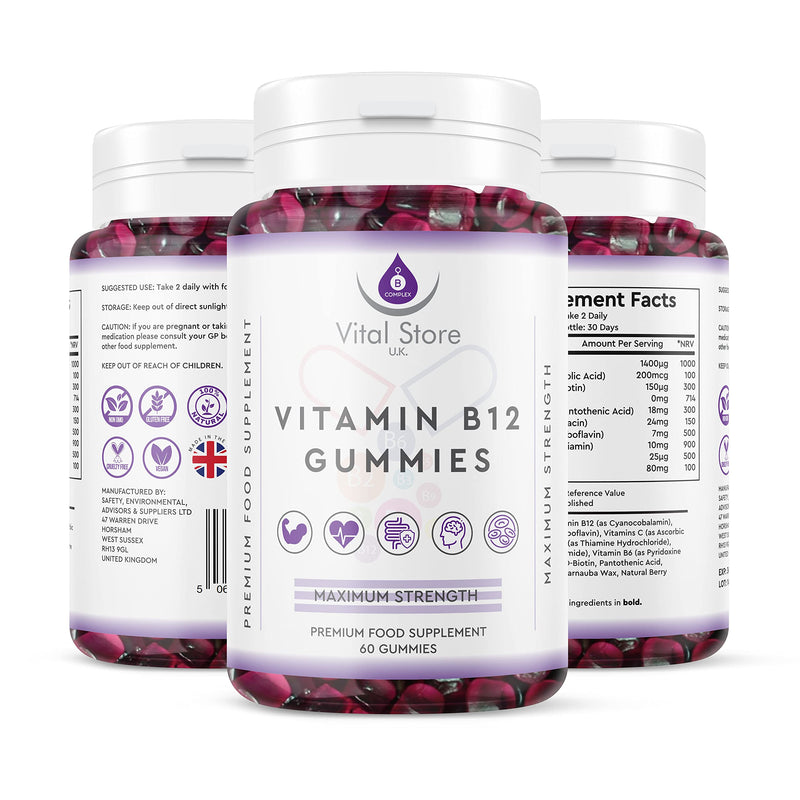 Vitamin B Complex Gummies - 2800MCG Per Serving - 60ct Berry Flavoured Sugar Free Vegan Gummies - with Added Vitamin C, D & B12,9,7,6,5,3,2,1, 60 Count (Pack of 1)