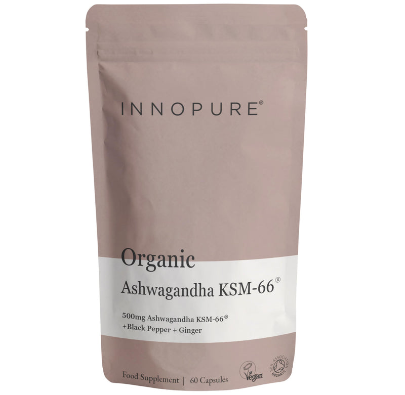 INNOPURE Organic Ashwagandha KSM 66® Pure Fill (No Fillers or Binders) High Strength 500mg of Pure Ashwagandha 5% Withanolides, Organic Ginger & Black Pepper (60 Servings) UK Made