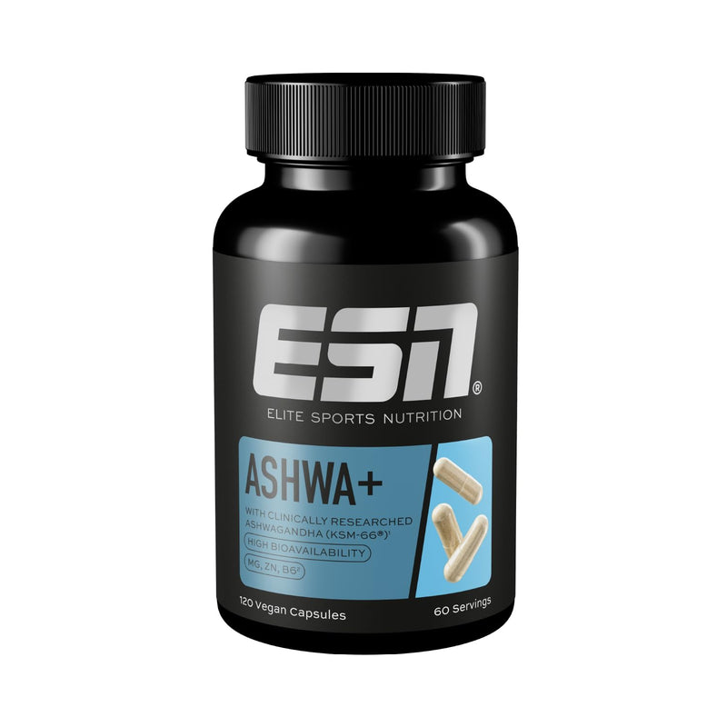 ESN Ashwa+, 120 Vegan Capsules - 600 mg Ashwaganda Root Extract per Serving - 60 Servings, 2 Months Supply - Ashwagandha KSM-66 - Non-GMO 120 count (Pack of 1)
