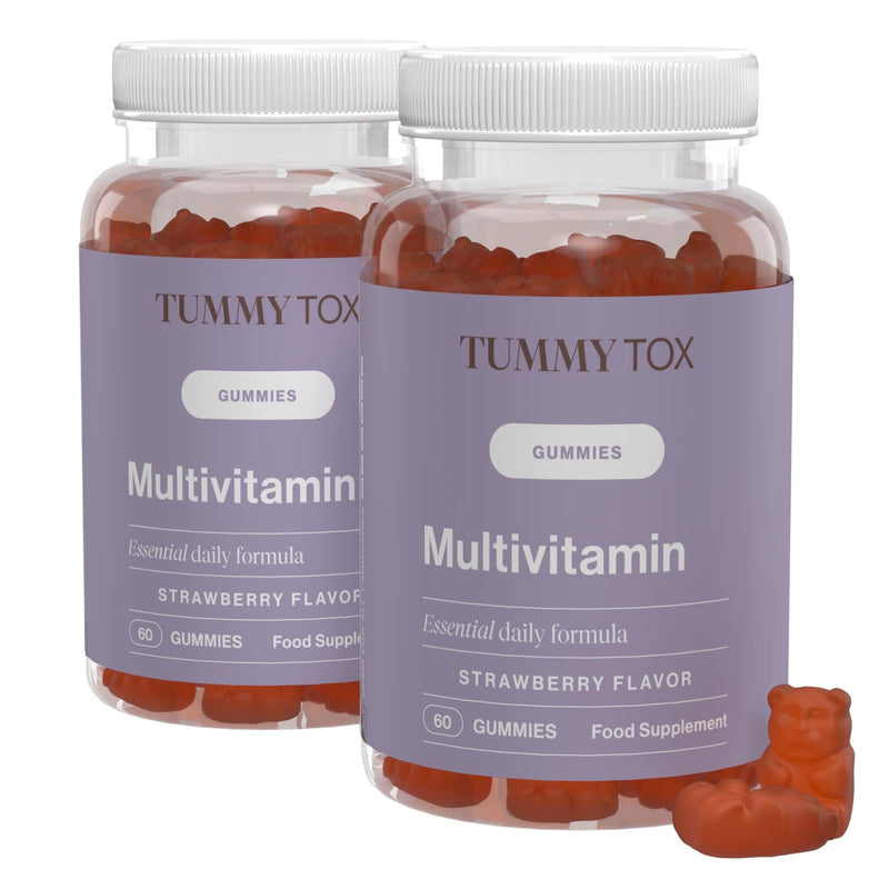Multivitamin Gummies - with Biotin, Folic Acid, Vitamin C, Vitamin E and 6 Other Micronutrients - 120 Gummy Bears for 120 Days - Natural Strawberry Flavour - Tummy Tox Multivitamines Duo pack