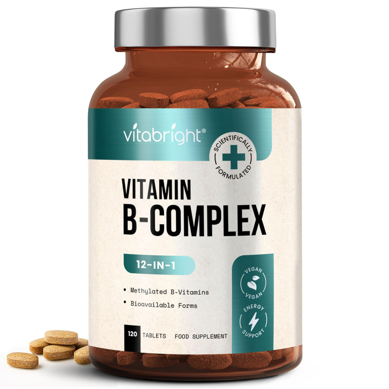 Vitamin B Complex High Strength Methylated B Vitamins | B6 Vitamins with Folate & B12 Supplements | Complete Complex with 12 Active Nutrients | Not Liquid Drops Or Spray | Vitabright 120 count (Pack of 1)