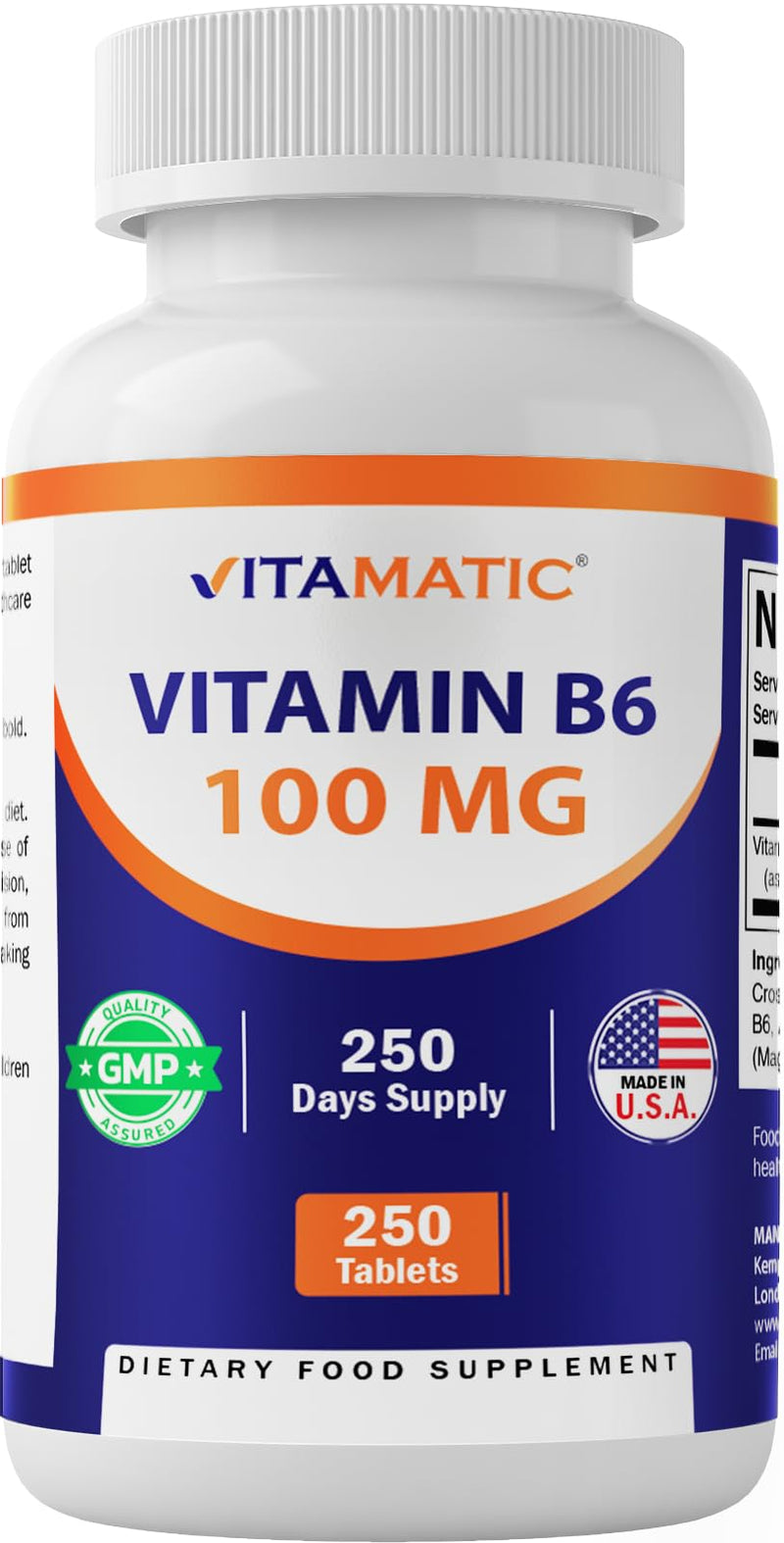 Vitamatic Vitamin B6 (Pyridoxine HCI), 100mg 250 Vegetarian Tablets - Promotes Energy Production, boosts Metabolism and Immune Health Support