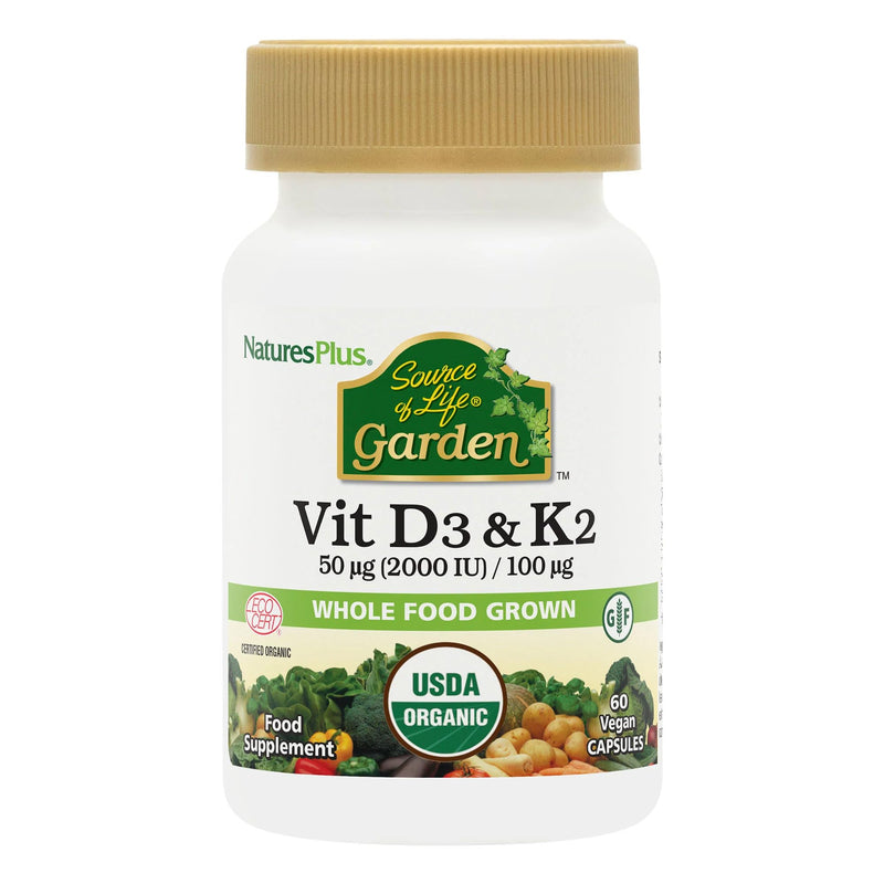 NaturesPlus Source of Life Garden Organic Vitamin D3 2000IU with K2 100mcg - Vegan Vitamin D3 and K2 Supplement - Immune Support, Bone Health - Gluten Free - 60 Capsules 60 Count (Pack of 1)