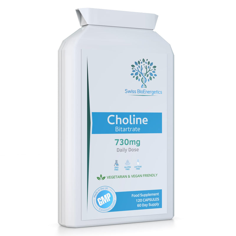 Choline Bitartrate 730mg Daily Dose, 120 Vegan Choline Supplement Capsules - UK Made Support for Healthy Liver Function and Fat Metabolism
