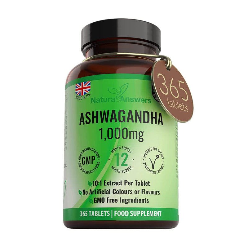 Natural Answers 365 x Ashwagandha 1000mg Per Tablet | 1 Year Supply of High Strength Vegan Tablets (Not Capsules or Pills) of Pure Powder UK Made Anxiety Relief