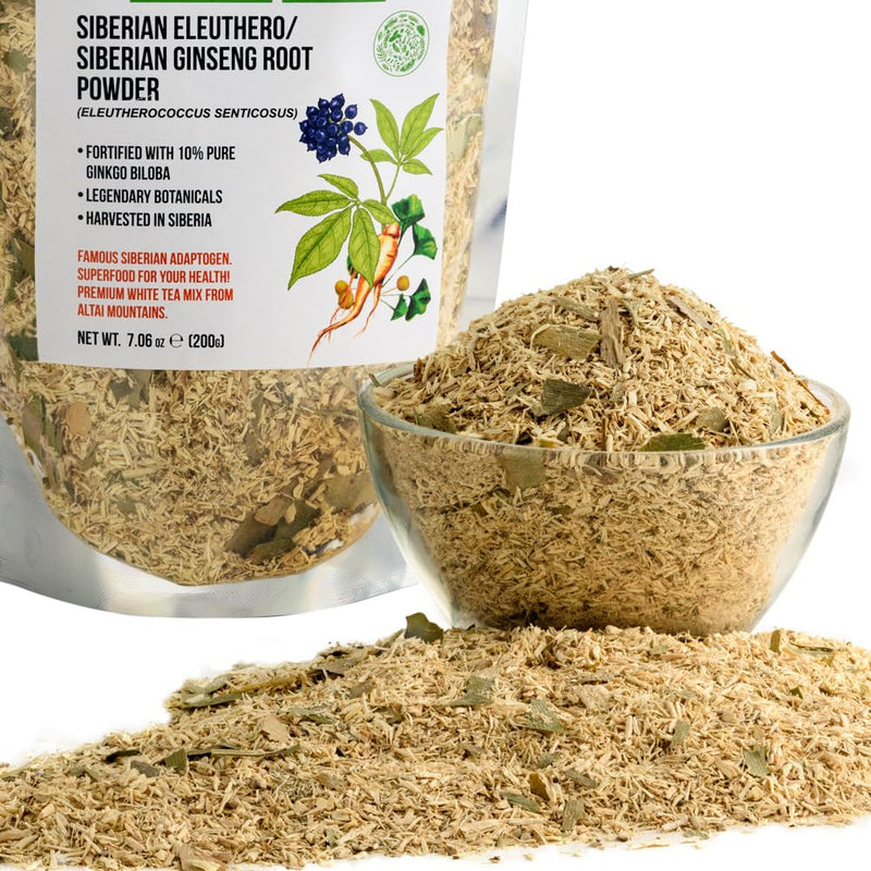 Siberian Ginseng Dried Root Cut Sifted Powder 200g (7.06 oz) Eleutherococcus Senticosus Siberian Eleuthero Pure Natural Fortified with Ginkgo Biloba