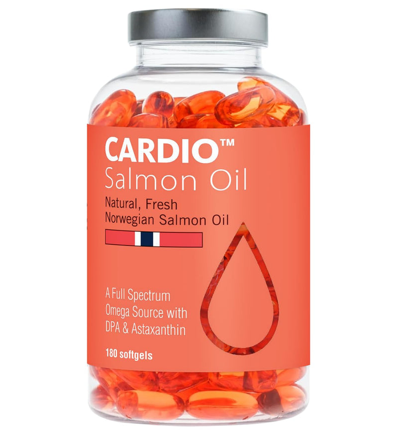 Cardio Omega 3 Fish Oil - 1000mg, Norwegian Salmon Oil with EPA, DHA, DPA & Astaxanthin, No Fishy Aftertaste, Fatty Acids Supplement, 3 Month Supply - 180 Capsules 180 count (Pack of 1)