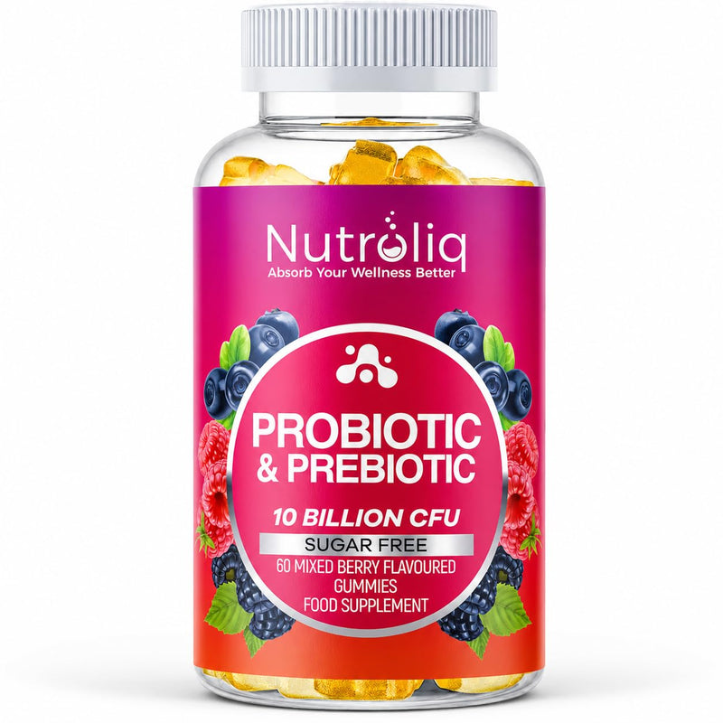 Nutroliq Prebiotic & Probiotic Sugar-Free Gummies - Gut Health Supplements for Women, Men, Kids to Support Digestive System, Immune System Booster - 10 Billion CFU Per Serving, Vegan - 60 Gummies 60 count (Pack of 1)