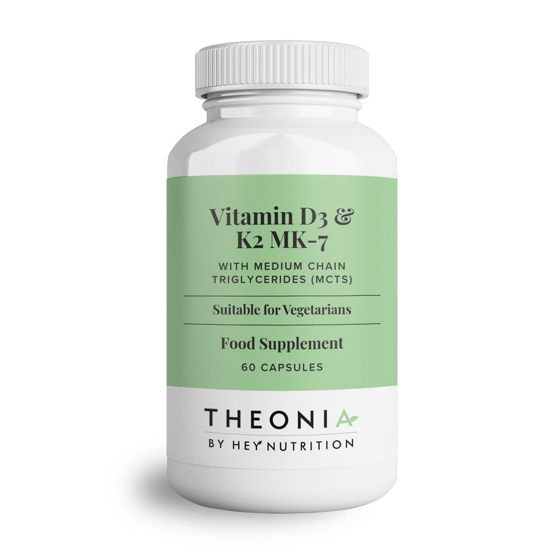 Theonia Vitamin D3 & K2 MK-7-100ug Each with MCT Oil - Suitable for Vegetarians - Support Healthy Bones, Teeth, Muscles, Immune Function, and Fatigue - Non-GMO 60 count (Pack of 1)