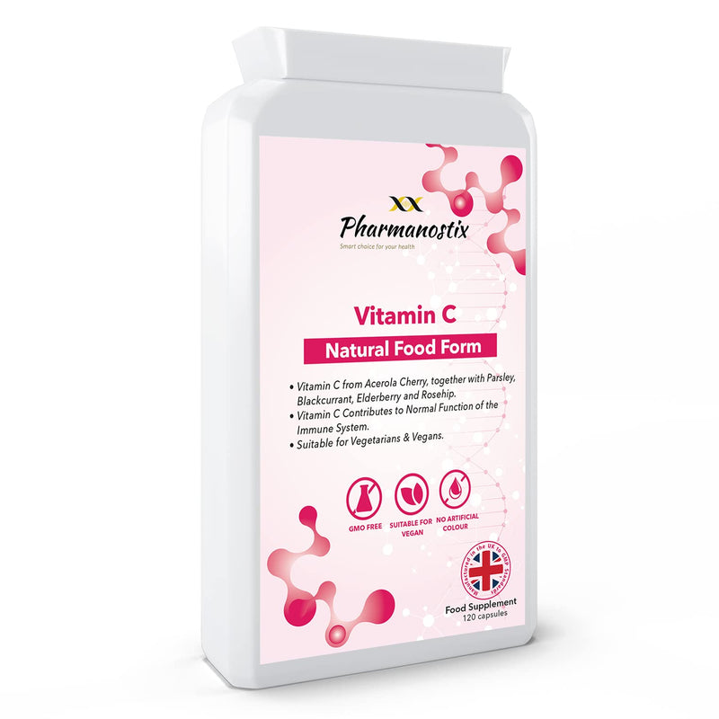Natural Food Vitamin C 120 Capsules - Immune Support & Fatigue Reduction - Containing Acerola Cherry, Rosehip, Blackcurrant and Elderberry - Gentle & Non-Acidic - Optimum Absorption - UK Manufactured