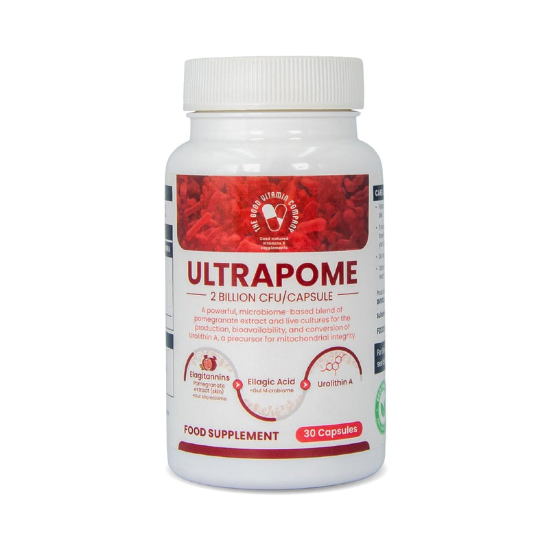 Ultrapome – Train Your Body to Produce Urolithin A Naturally. Gut Microbiome + Pomegranate Extract + Probiotics = Cellular Renewal & Mitochondrial Support. 30 Vegan Capsules