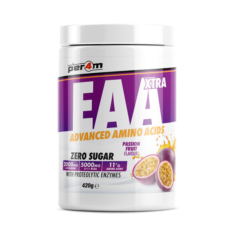 Per4m EAA Xtra/Amino Xtra | 30 Servings of Full Spectrum EAA with Proteolytic Enzymes | Vegan Friendly | Zero Sugar Amino Acid (420g, Passionfruit)