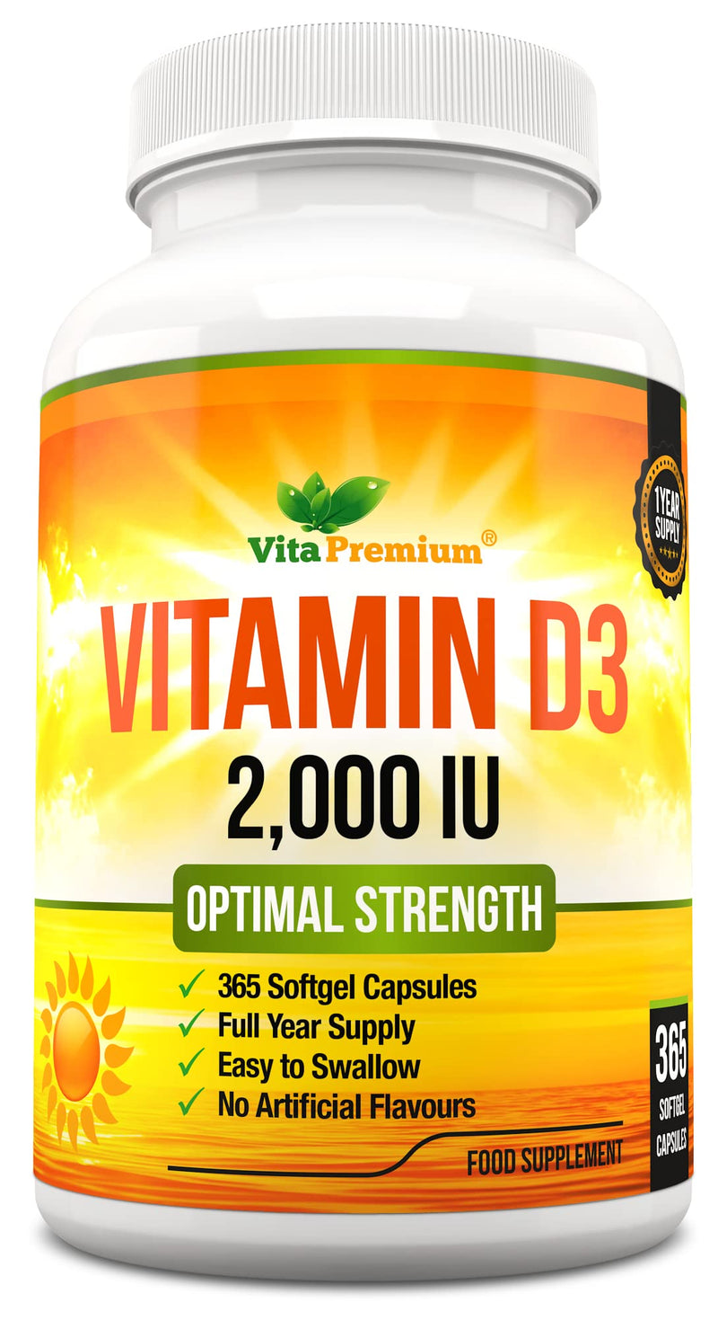 Vitamin D 2,000 IU, Optimal Strength Vitamin D3 Supplement, 365 Easy to Swallow Softgels - Full Year Supply 365 count (Pack of 1)