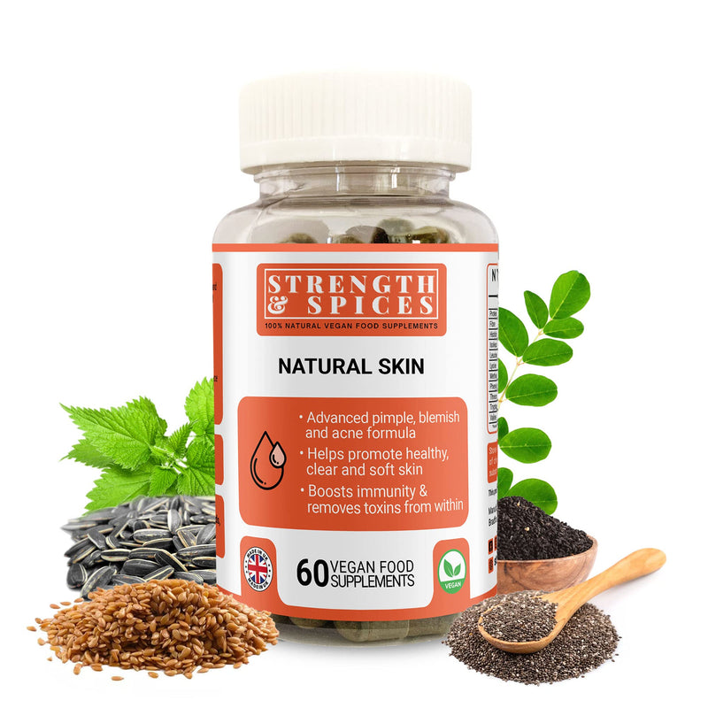 Strength & Spices Natural Skin, Acne Control Skin Care Supplement, Vegan Multivitamin with 8 Ingredients Rich in Vitamin A and Amino Acids, Vegan Formula for Clear, Healthy Skin, 1000mg, 60 Capsules Jar