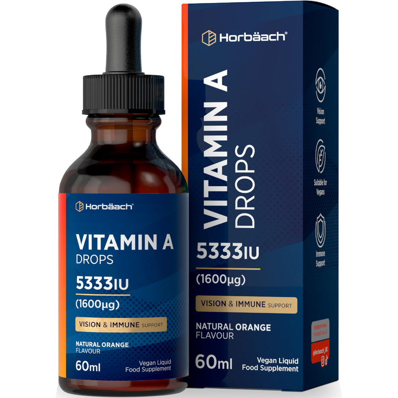 Vitamin A Drops 5333IU | 60 mL | High Strength Vitamin A as Retinol Palmitate | Vegan Liquid Oral Supplement for Adults | Orange Flavour | By Horbaach
