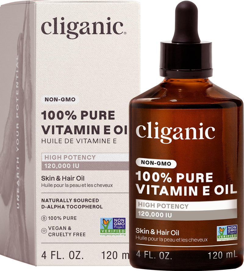 Cliganic 100% Pure Vitamin E Oil for Skin, Hair & Face - 120,000 IU, Non-GMO Verified | Natural D-Alpha Tocopherol 118.29 ml (Pack of 1)