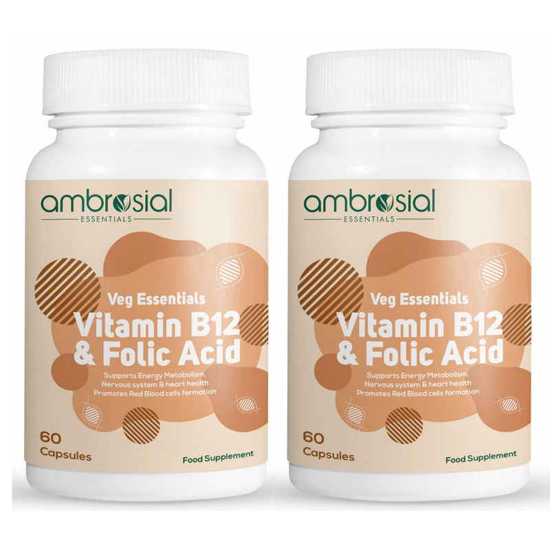 Ambrosial Vitamin B12 1000 mcg and Folic Acid 500 mcg | High Strength B12 (Cyanocobalamin) and Folic Acid Capsules | Vegan, Non-GMO, Easy to Swallow | Pack of 2-120 Capsules