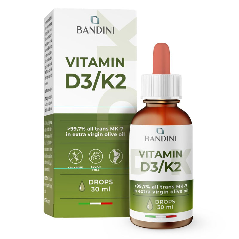 Bandini® Vitamin D3 K2 Drops, Extra Virgin Olive Oil EVO, Cholecalciferol 1000 IU per Drop + VIT K 2 MK-7 Menaquinone Kappa 99.7% 100 mcg per Drop, Vitamin D Drops, D3 and K2, 100% Vegan