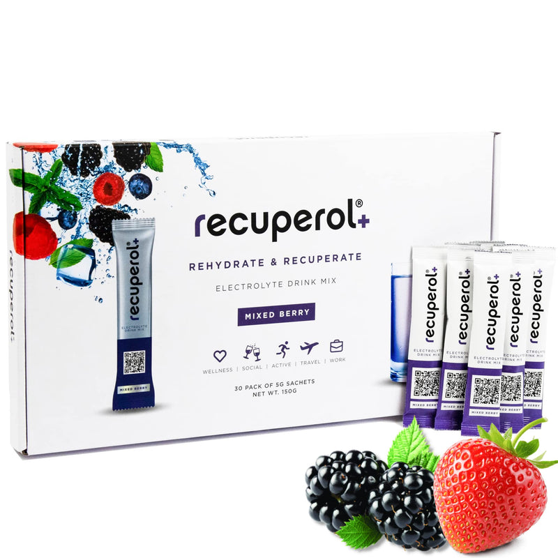 Recuperol Electrolytes Sachets - Rehydration Electrolytes Powder with Zinc, Vitamin C, B12, D3 & Potassium for Hydration - Sugar Free, Vegan & Low Calorie - Mixed Berry 30 Pack