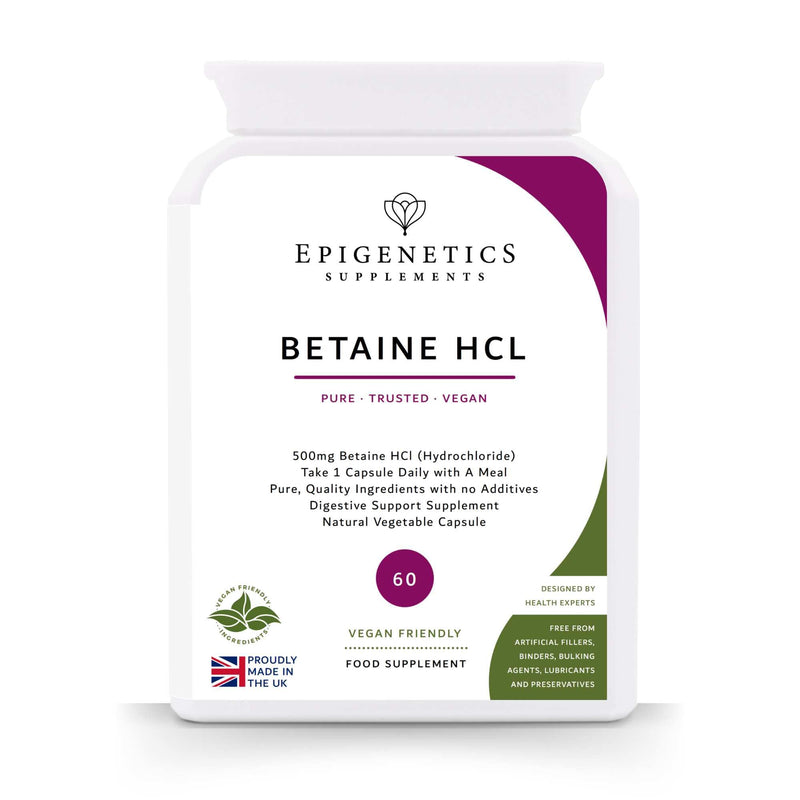 Betaine HCl (Hydrochloride) 500mg | Protein Breakdown & Vitamin Absorbtion | 60 Vegan Friendly Capsules UK Made | Long 2 Month Supply by Epigenetics Supplements