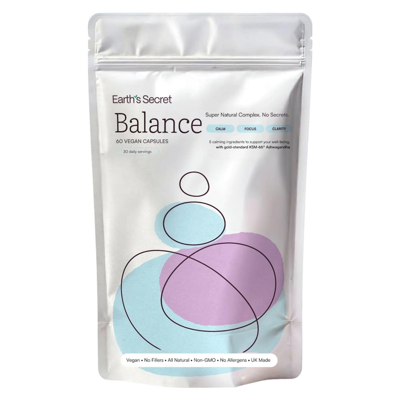 Earth's Secret Balance Stress Relief Supplement - Organic KSM-Ashwagandha - L theanine High Strength with Holy Basil & Rhodiola Rosea - 60 Capsules