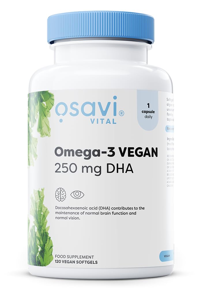 Osavi Omega–3 Vegan, 250 mg DHA – 120 Softgels | Highly Concentrated Algae Oil from Schizochytrium sp. | Supports Brain, Vision & Heart Health | Vegan–Friendly Tapioca Softgel 120 count (Pack of 1)