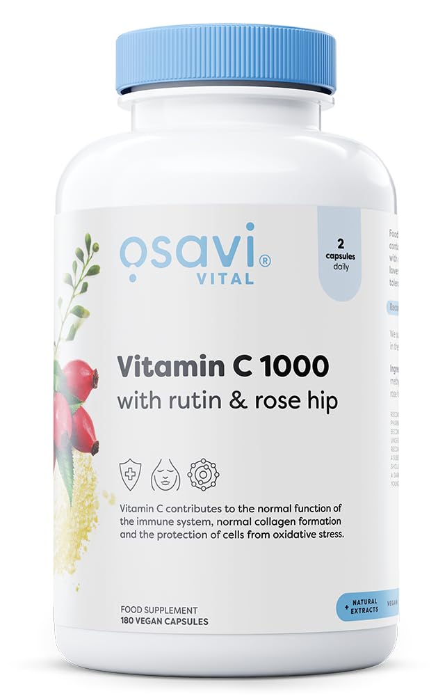 Osavi Vitamin C 1000 with Rutin & Rose Hip – 180 Vegan Capsules | Buffered Calcium Ascorbate | Supports Immunity, Collagen Formation & Iron Absorption | Gentle on the Stomach 180 count (Pack of 1)