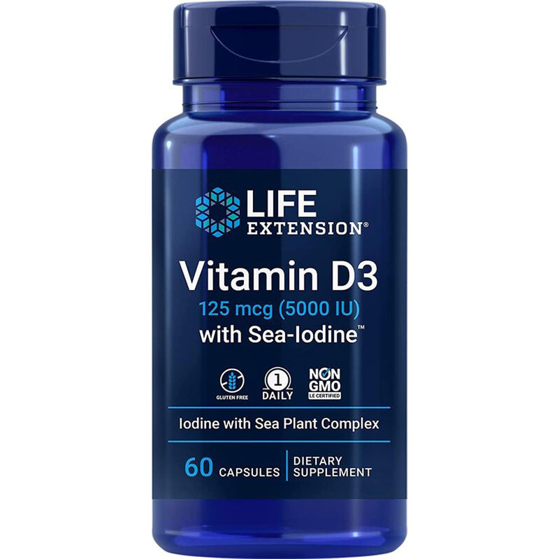 Life Extension, Vitamin D3 125mcg (5000 IU), Depot, One Capsule Every 5 Days, with Sea Iodine, 60 Capsules, Gluten-Free, SOYA-Free, Non-GMO 60 count (Pack of 1)