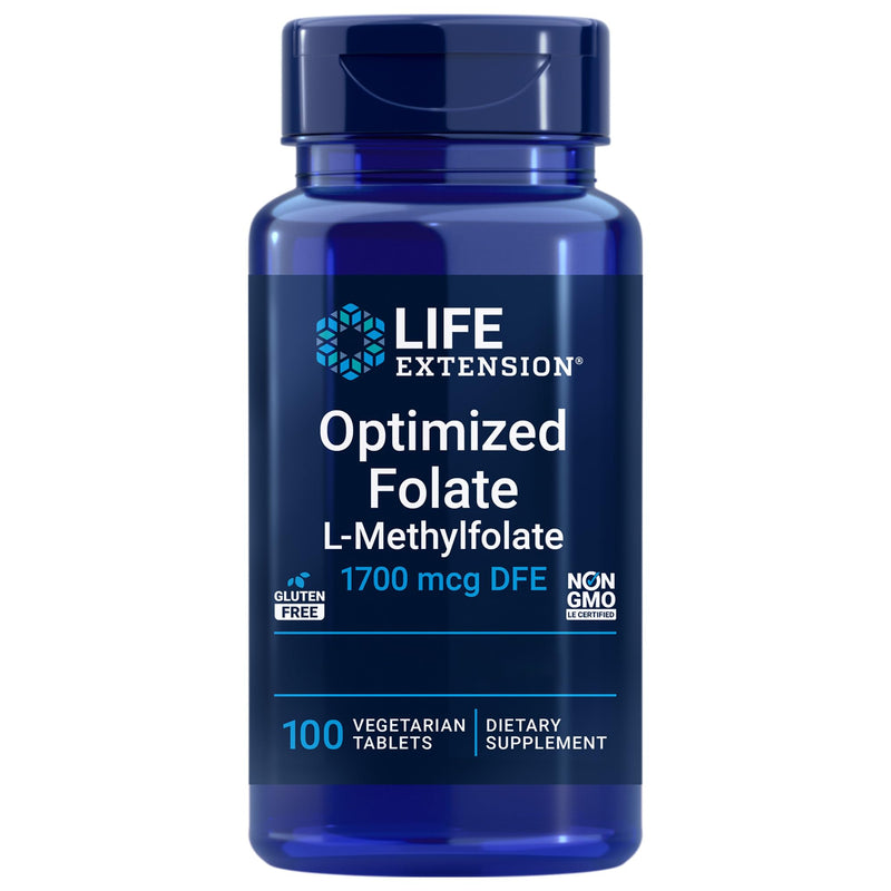 Life Extension Optimised Folate, 5-MTHF, high dose, 100 Vegan Tablets, Vegetarian, Gluten-Free, Soy-Free, Non-GMO