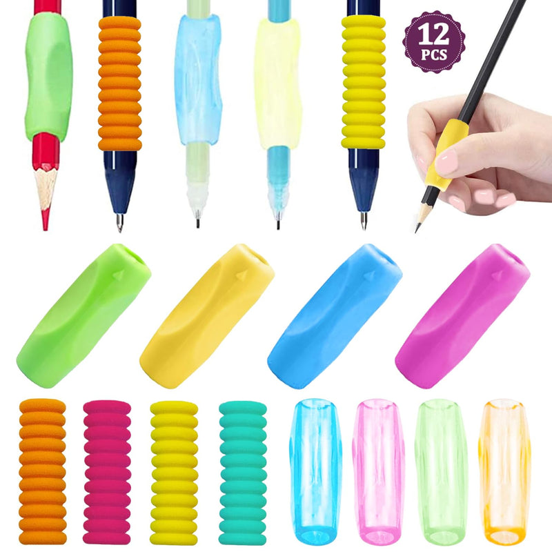 12 Pack Multicolor Pencil Grips, Children's Silicone Finger Grips Holder Foam Pen Holder Non Slip Pen Gripper, Writing Pencil Training Grip for Toddlers, Students and Adult 12 Pack
