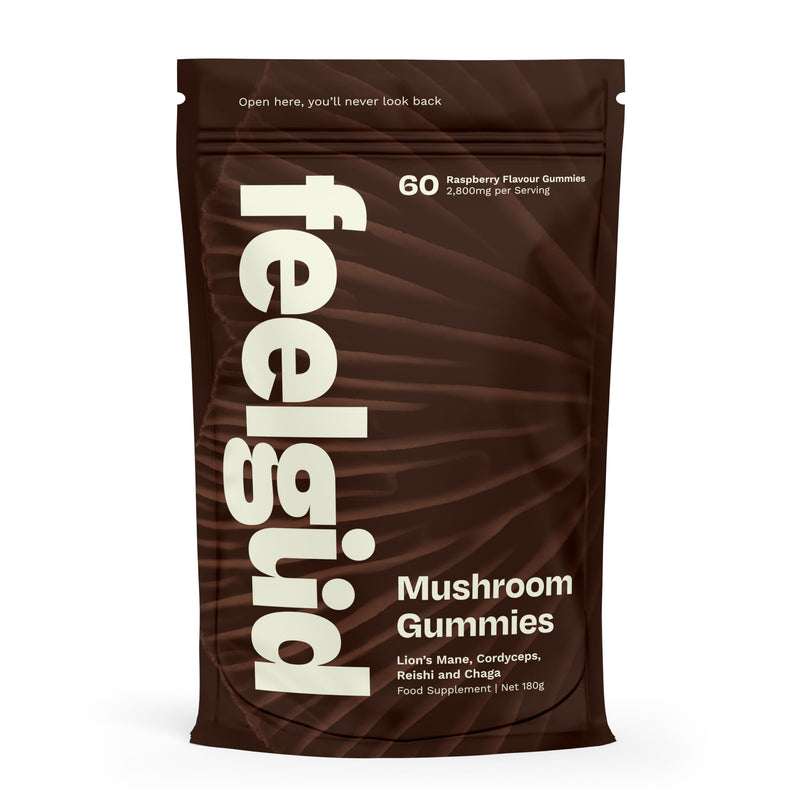 Mushroom Gummies with Lion's Mane, Chaga, Cordyceps & Reishi, 2,800mg 4-in-1 Blend with B12 & B6, 60 Raspberry Flavour Gummies, Supporting Brain Function, Sleep, Immunity & Natural Energy