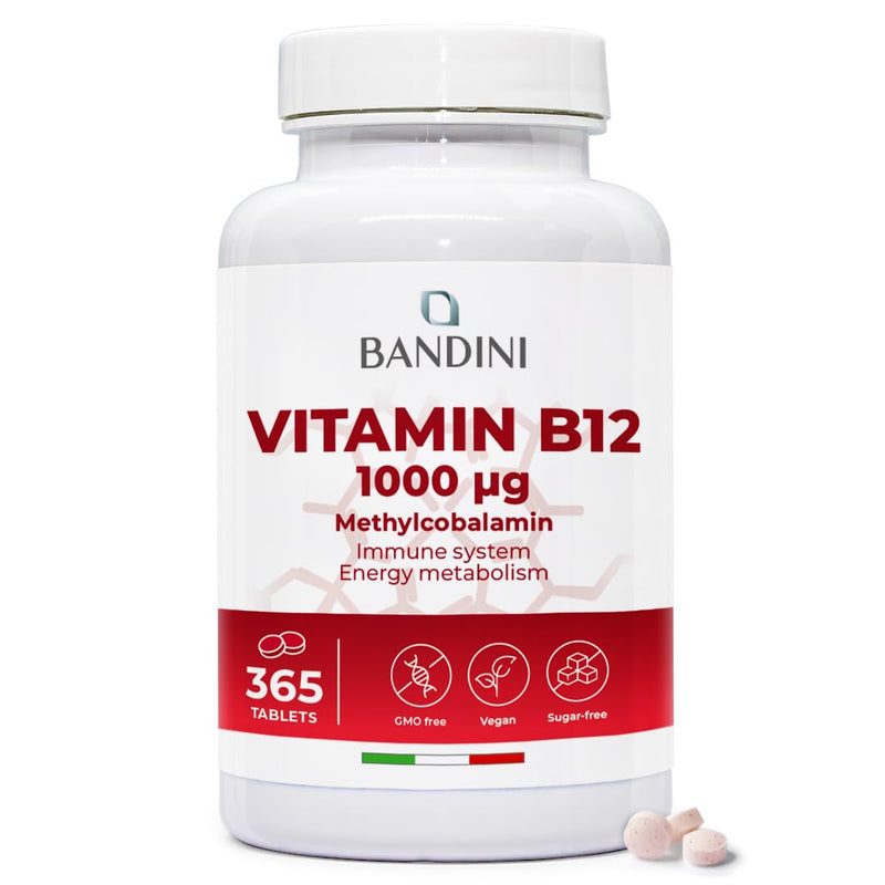 Bandini® Vitamin B12 High Strength | 365 Vegan Tablets for 1 Year's Supply | 1000 µg/mcg Methylcobalamin VIT B 12 | Energy Boost, Tiredness, Fatigue, Immunity Support | Non GMO, Laboratory Tested 400 count (Pack of 1)