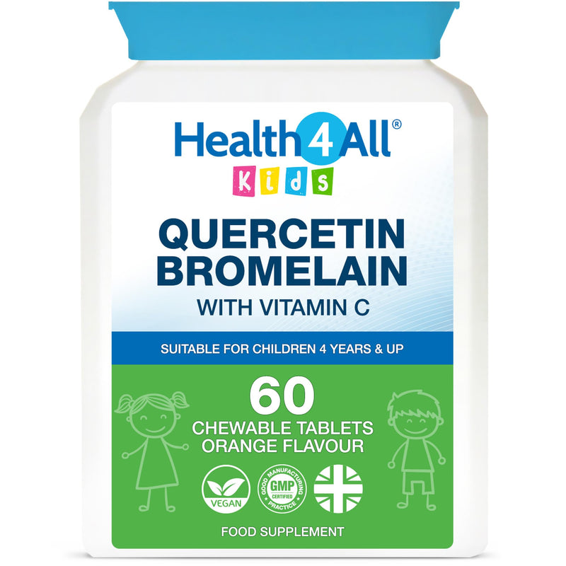 Health4All Kids Quercetin with Bromelain and Vitamin C, 60 Chewable Tablets, Vegan Natural Antihistamine Supplement, Inflammation Support, Sugar-Free Orange Flavour | Made in UK 60 count (Pack of 1)