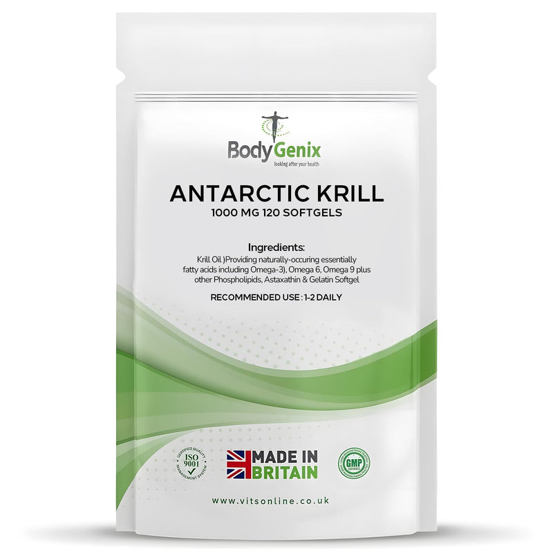 Bodygenix Antarctic Krill Oil - 1000mg Softgels Omega 3 Fatty Acids EPA & DHA Heart Brain Skin Health Support - Natural Food Supplement 4 Month Supply (120)
