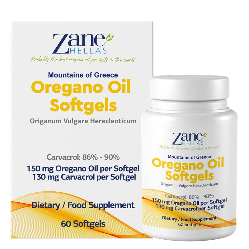 Zane | 130 mg Carvacrol - 150 mg Oregano Oil per Softgel. World's Highest Concentration Oregano Oil Capsule. 60 Softgels.